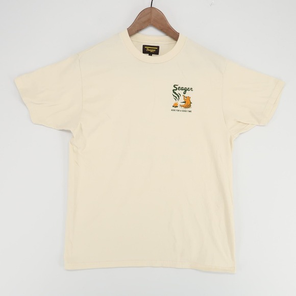 Seager Shirt Mens Large Cream Here For A Good Time Bear Campfire Graphic Tee - Picture 1 of 7